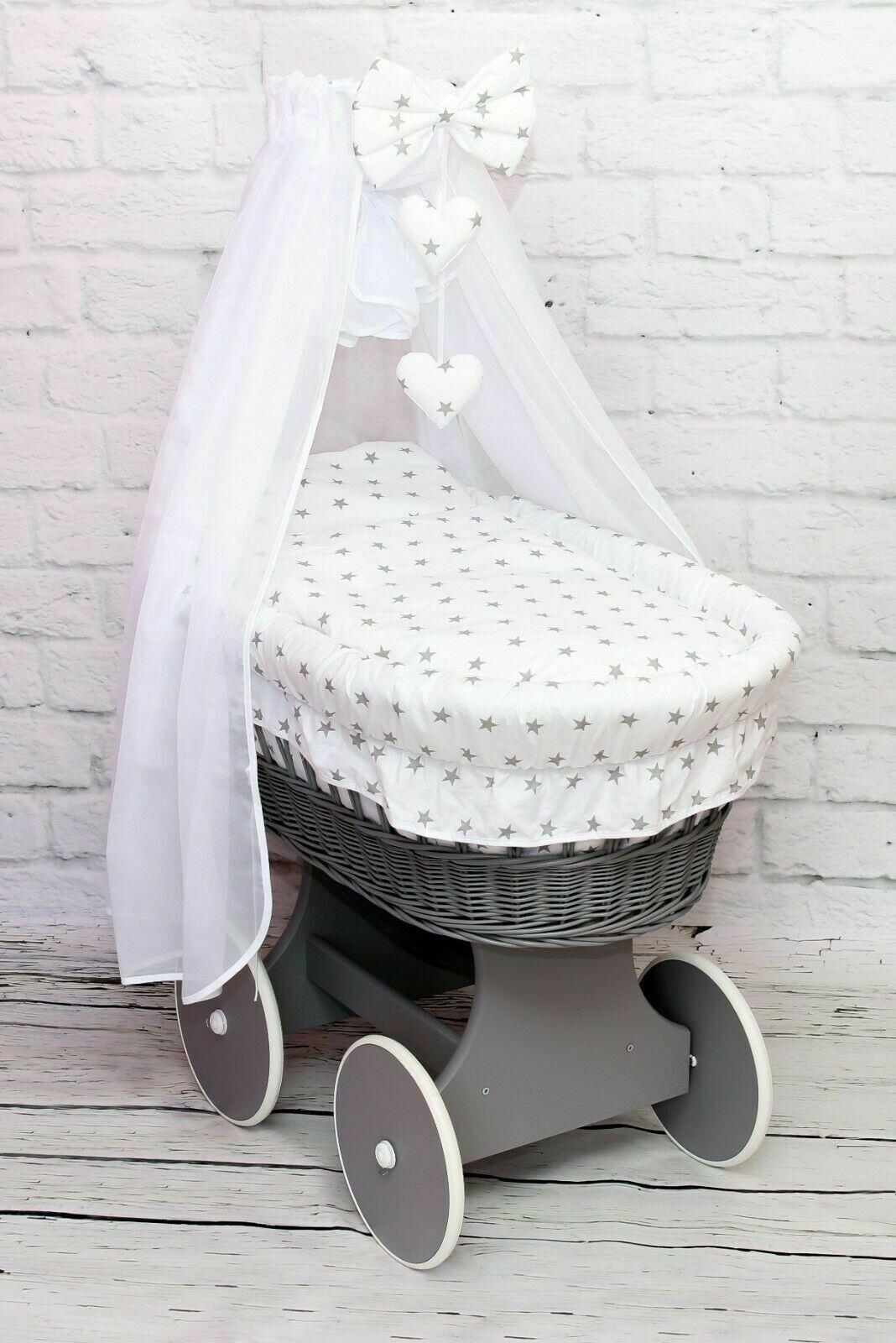 Full Bedding Set With Canopy To Fit Wicker Moses Basket Small Grey Stars With White