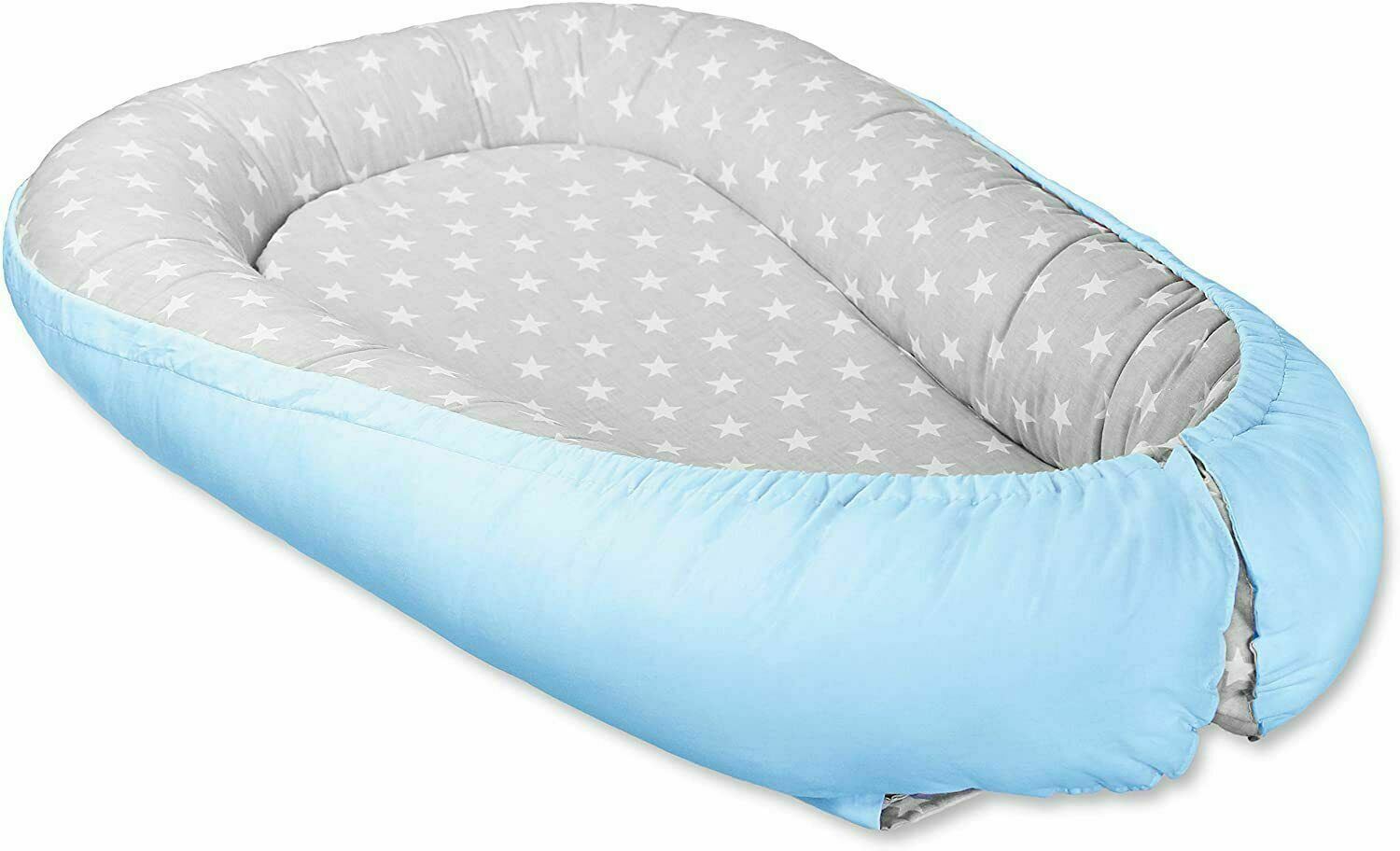 Baby Soft Cocoon Infant Reversible Sleep Nest Blue/Small White Stars On Grey