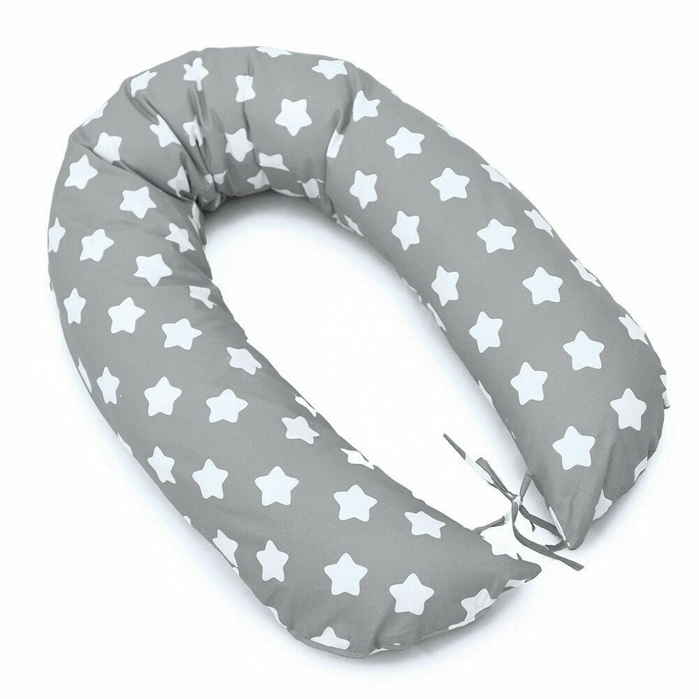 Large Breastfeeding Pillow Baby Nursing Maternity Pregnancy Cotton Cover 170cm Big White Stars On Grey - MyHappy Baby