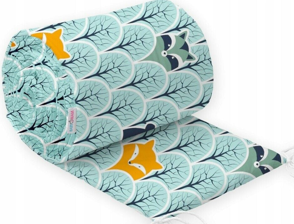 Baby Padded Bumper 100% Cotton Protection 180cm To Fit Cot 120X60cm Fox In Forest Turquoise