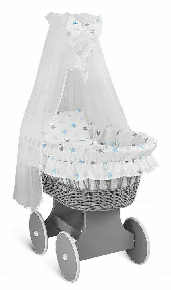 Full Bedding Set With Canopy To Fit Wicker Moses Basket Blue Grey Stars