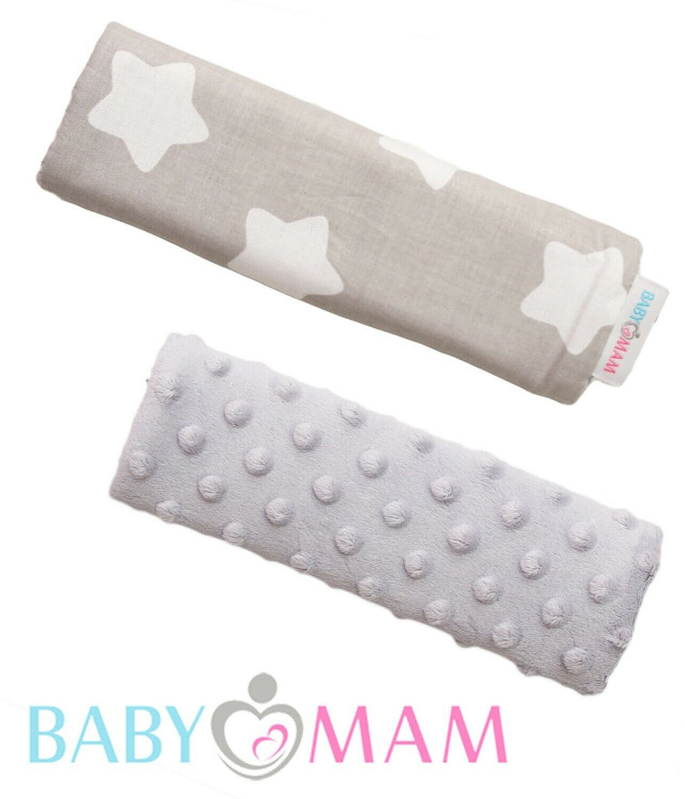 Dimple Belt Cover Car Seat Pram Pad Shoulder Soft Strap 2 Piece Grey/Big White Stars On Grey