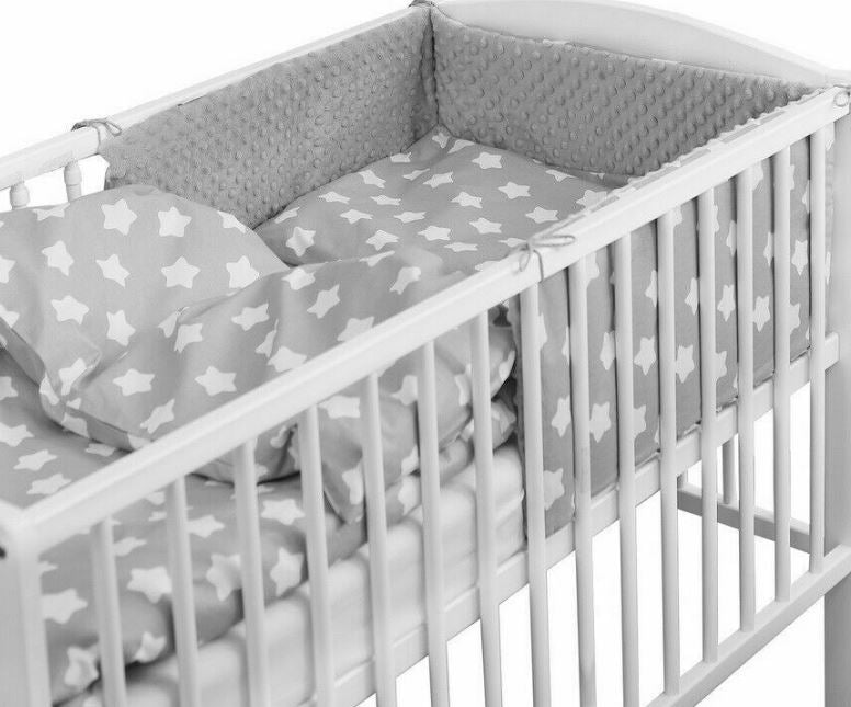 Baby 6Pc Dimple Bedding Set Pillow Duvet Quilt Sheet Bumper Fit Cotbed 140X70cm Dimple Grey/ Big White Stars On Grey - MyHappy Baby