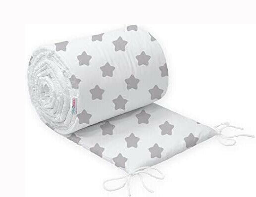 Baby bedding bumper 190 cm half cot bed Big grey stars on white