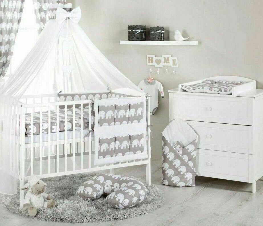 Baby Bedding Set Cotton Nursery 14 Piece To Fit Cot 120X60cm Elephants Grey