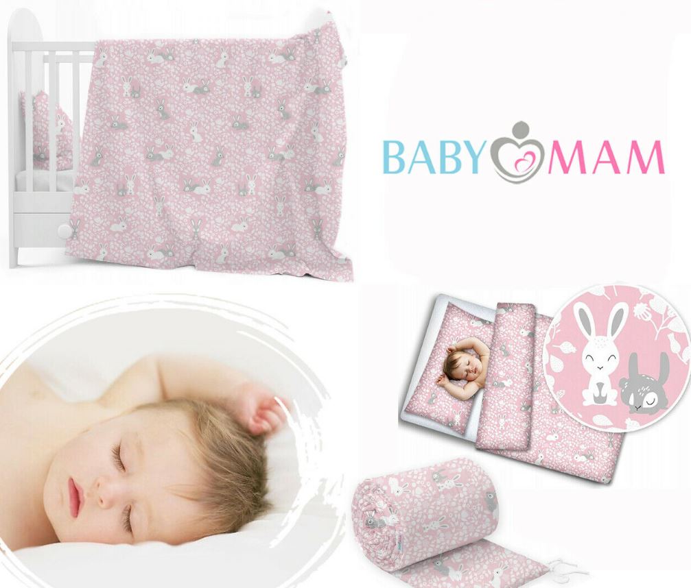Baby 3Pc Bedding Set 100% Cotton Pillow Duvet Bumper Fit Cotbed 140X70cm Bunny Pink