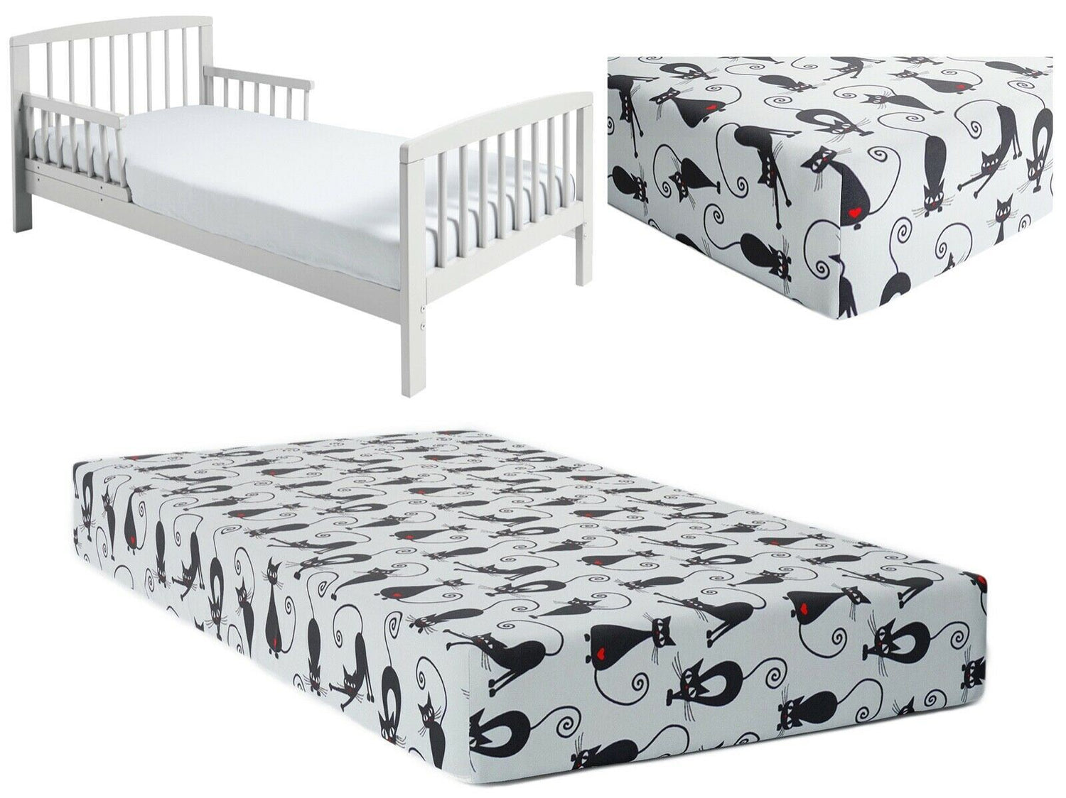 Baby Fitted Toddler Bed Sheet Printed 100% Cotton Mattress 160X80cm Black Cat