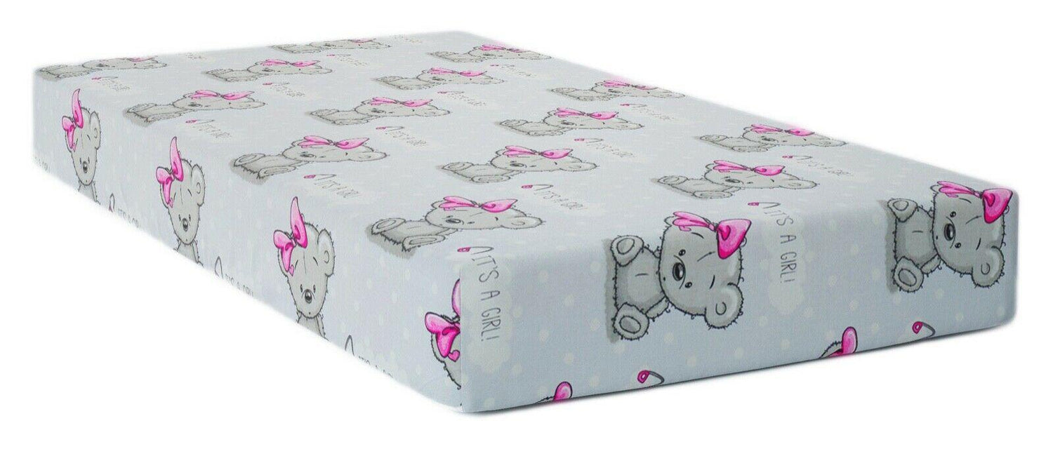 Baby Fitted Cot Bed Sheet Printed 100% Cotton Mattress 140X70cm Teddy Girl Grey