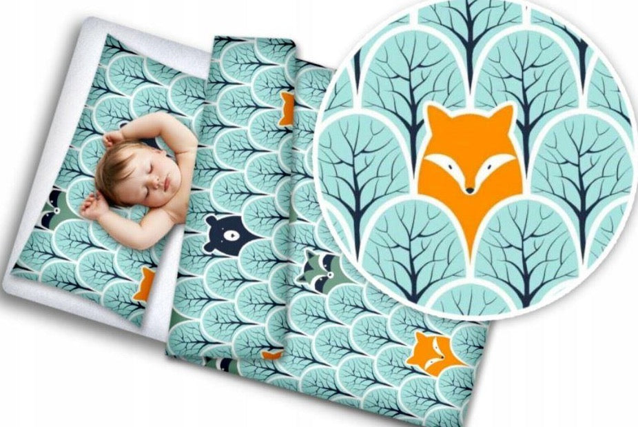 Baby 4Pc Bedding Set Pillow Duvet Quilt Fit Cotbed 140X70cm Fox In Forest Turquoise