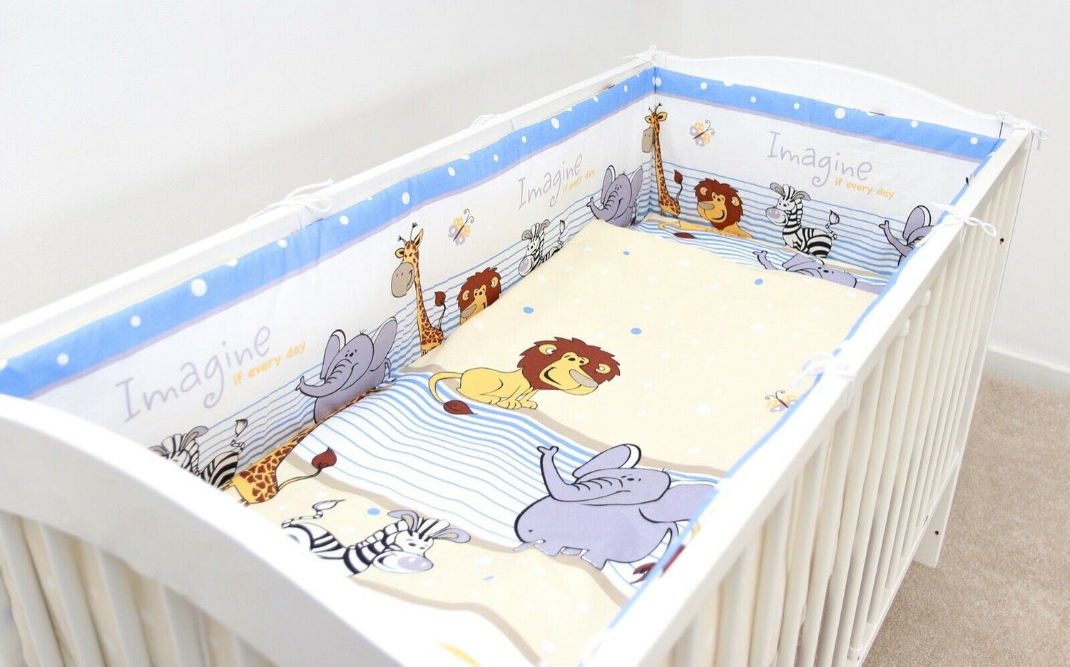 Baby 6Pc Bedding Set All-Round Bumper Fit Cotbed 140X70cm Safari Blue