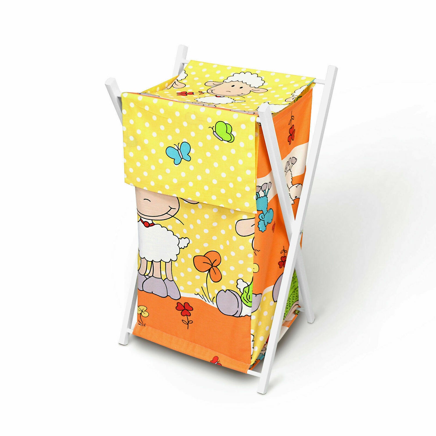 Laundry Basket with white wooden frame and storage removable linen SHEEP YELLOW