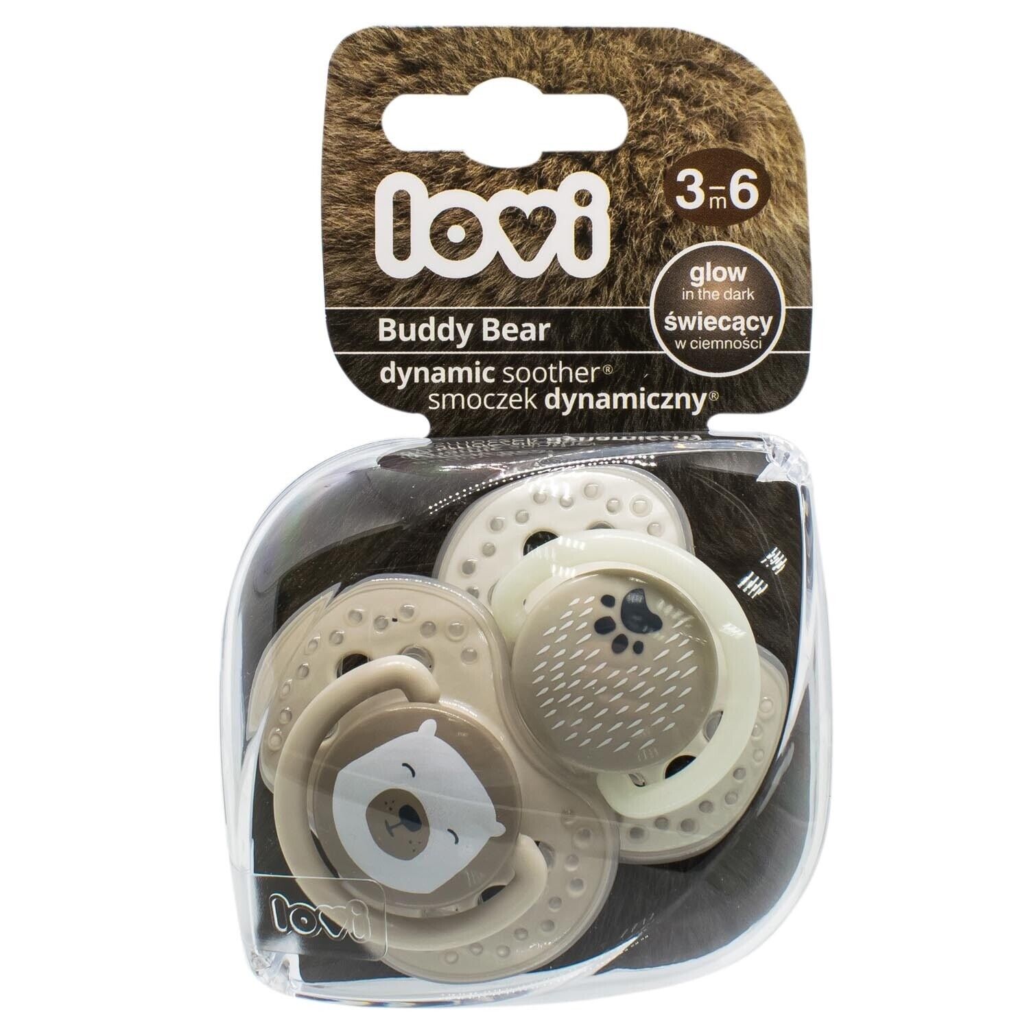 LOVI Dynamic Soother Glow in Dark Silicone 3-6m Dummy 2 pcs Buddy Bear