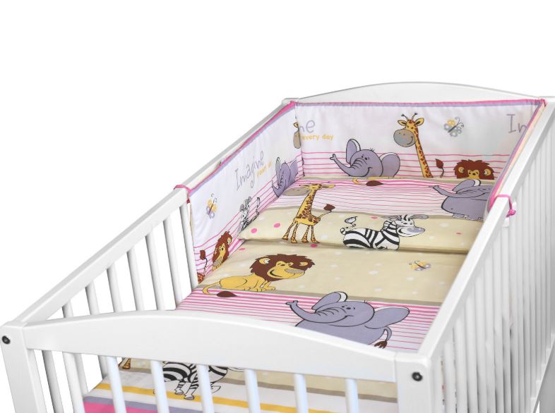 Baby 5Pc Bedding Set Pillow Duvet Bumper Fit Cotbed 140x70cm Safari Pink