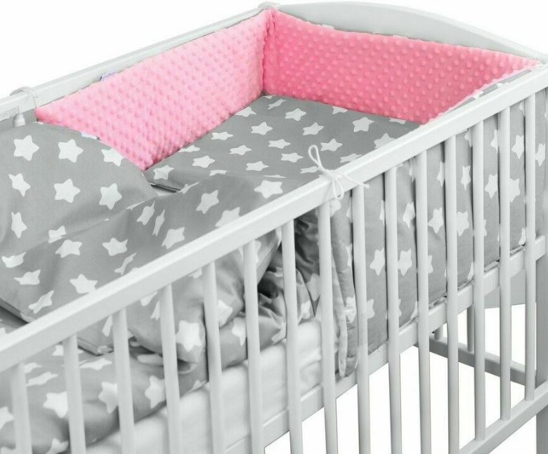Baby 5Pc Dimple Bedding Set Pillow Duvet Quilt Bumper Fit Cotbed 140X70cm Dimple Pink/ Big White Stars On Grey
