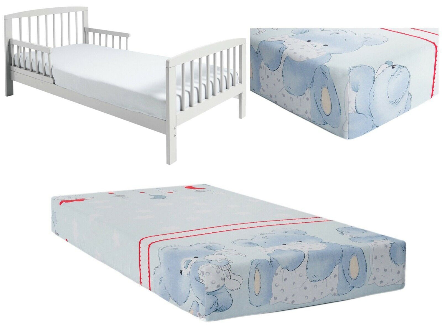 Baby Fitted Junior Bed Sheet Printed 100% Cotton Mattress 160X70cm Cuddle Bear Grey