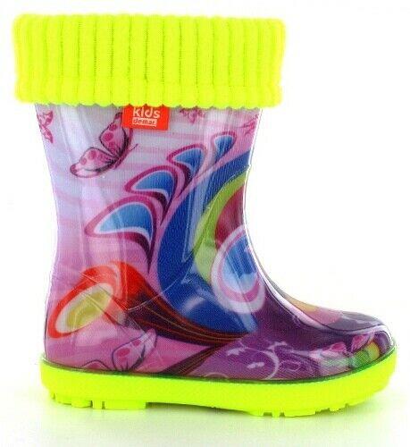 Wellies Kids Rain Snow Boots Removable Inner Lining Socks Wellington Purple Butterfly