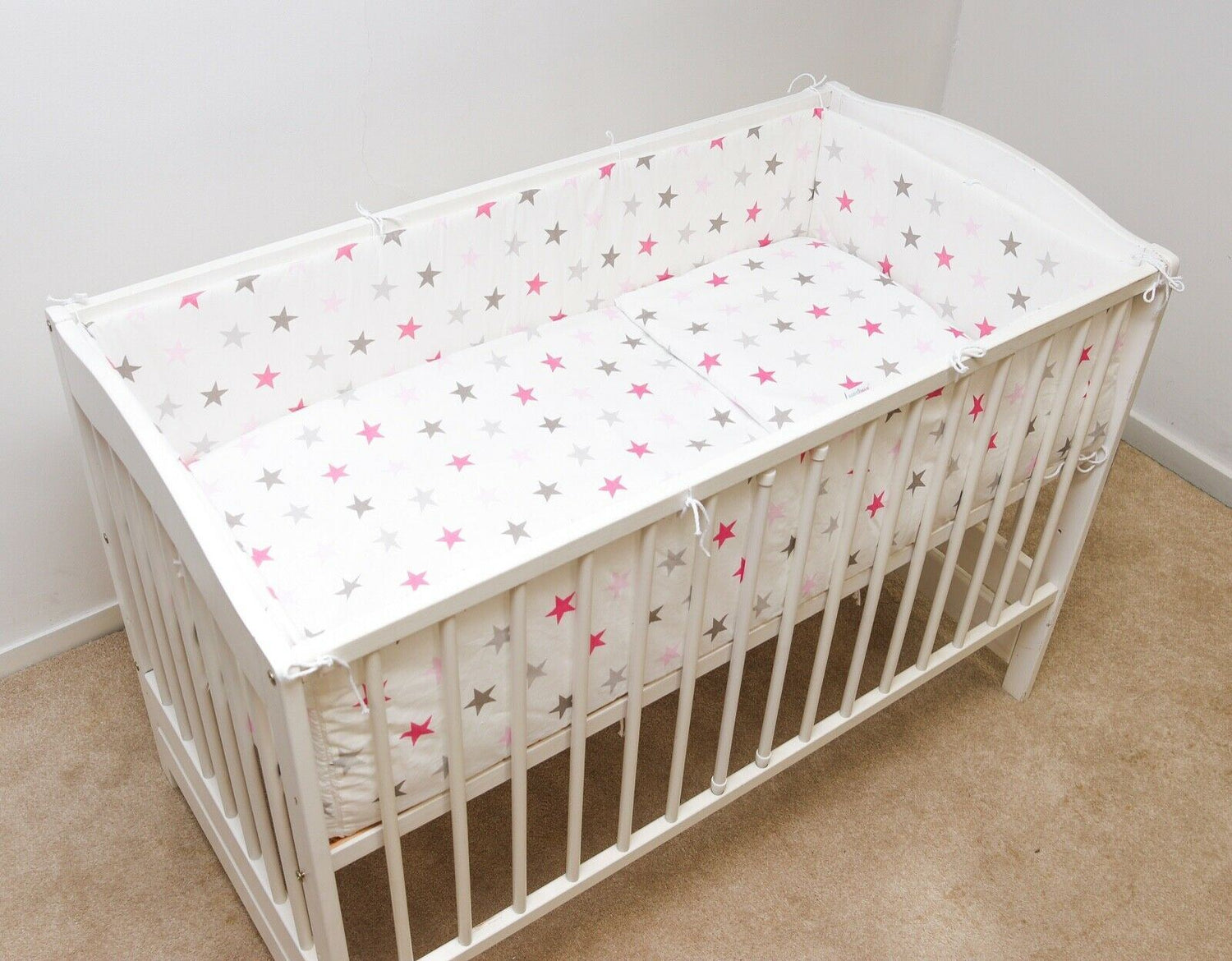 Baby 6Pc Bedding Set All-Round Bumper Fit Cotbed 140X70cm Grey Pink Stars