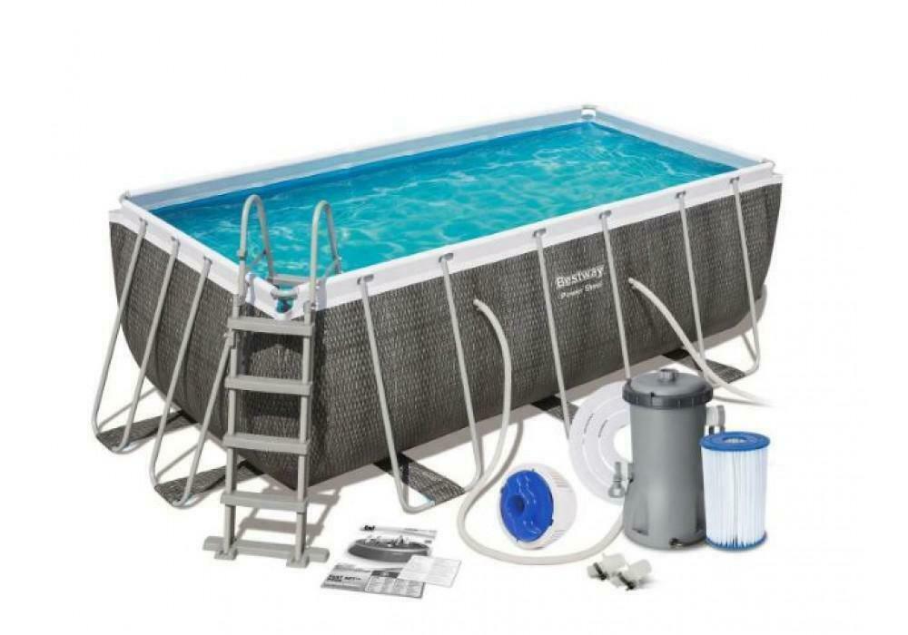 Bestway 13.6Ft Rectangular Swimming Pool 412X201X122cm Grey Rattan + Accessories
