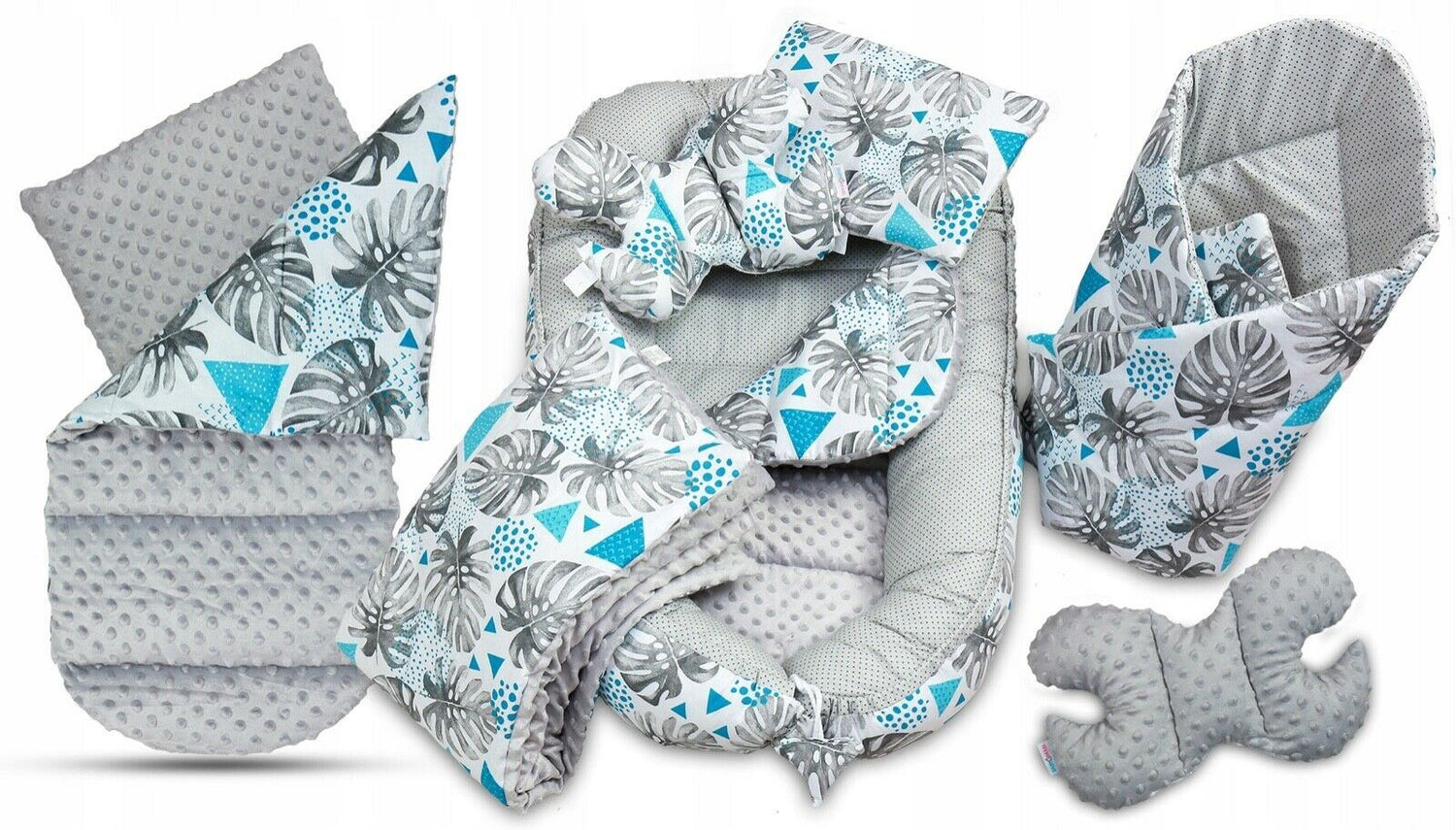 Baby 6pc Double-sided soft infant Cocoon Blue leaves/ Dots with grey