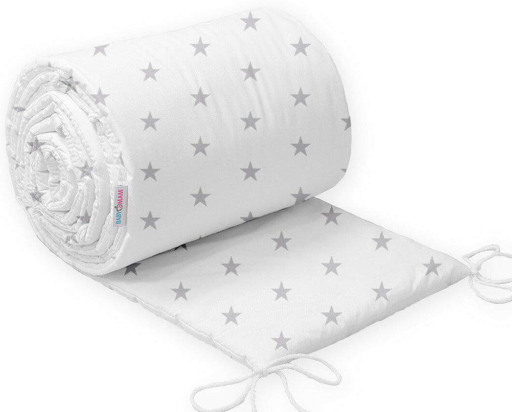 Baby Padded Bumper 180x30cm fit Cot 100% Cotton Small grey stars on white