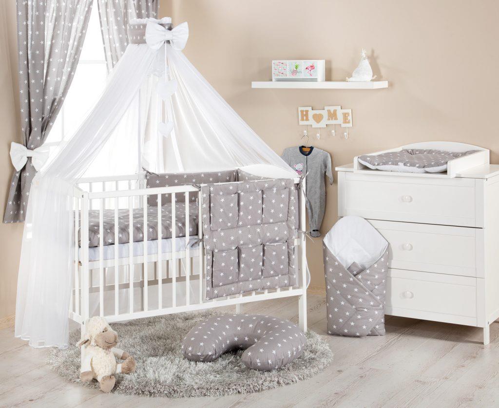 Baby bedding set 10Pc fit cot bed 140x70cm - Small white stars on grey