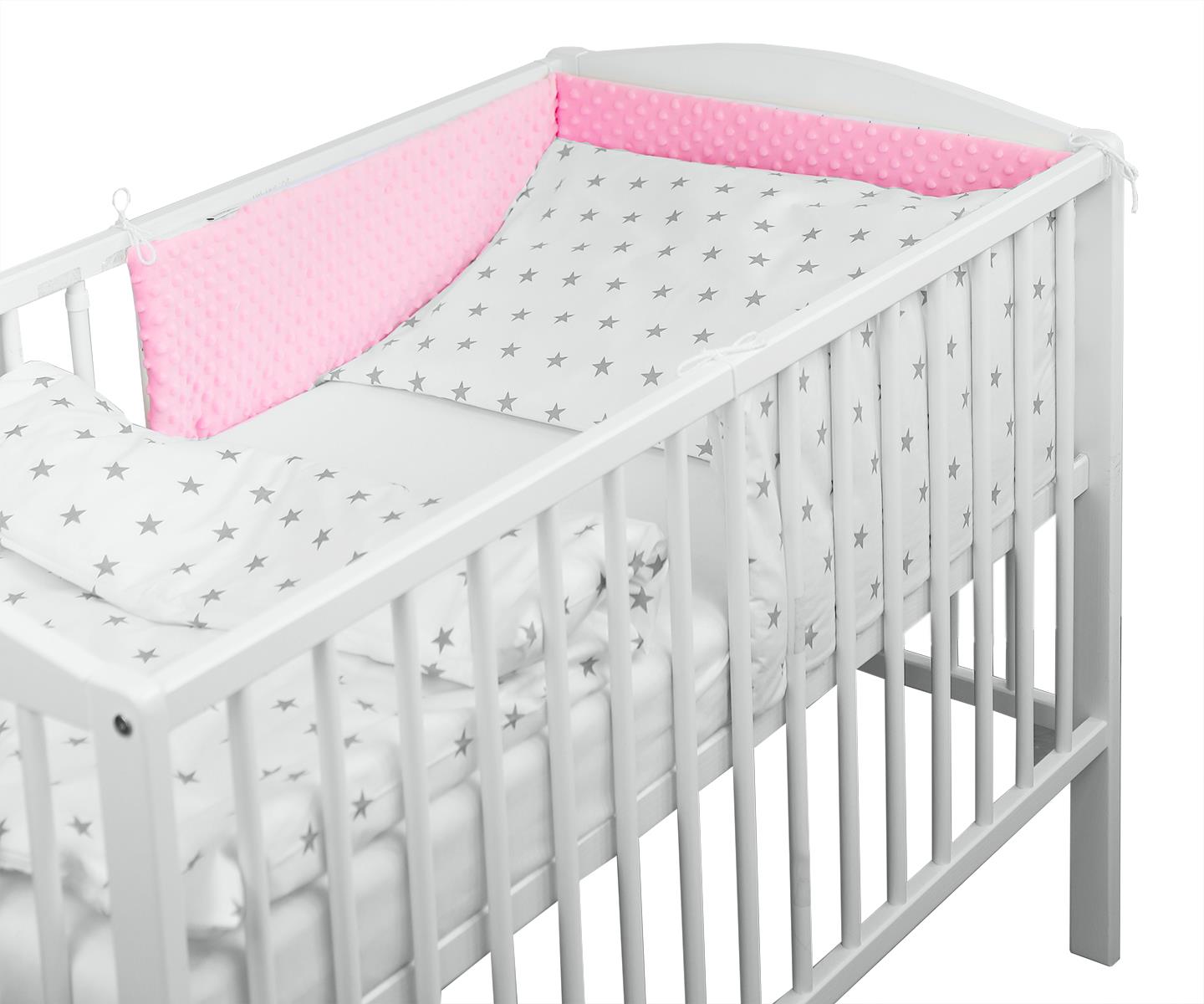 Baby dimple padded bumper 180cm straight fit COT 120x60 Pink/ Small stars on white