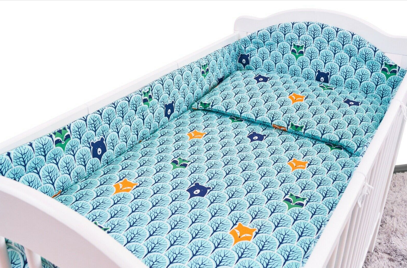 Padded Bumper To Fit Baby Cot Bed All-Round Cotton 420cm Fox In Forest Turquoise