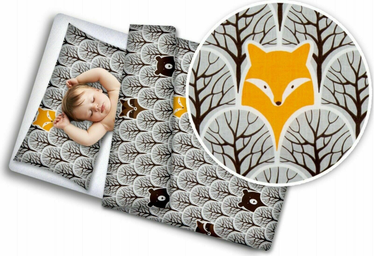 Baby 6Pc Bedding Set Pillow Duvet Quilt Sheet Bumper Fit Cotbed 140X70cm Fox In Forest Grey - MyHappy Baby