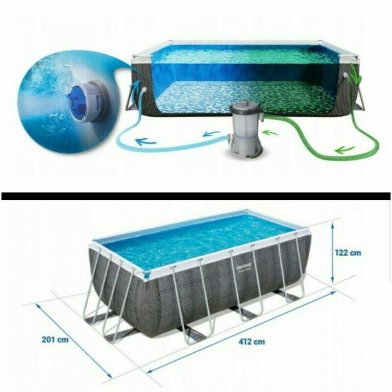 Bestway 13.6Ft Power Steel Rectangular Swimming Pool 412X201X122 cm Grey Rattan