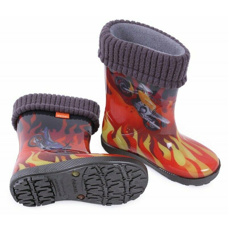 Wellies Kids Rain Snow Boots Removable Inner Lining Socks Wellington Flames