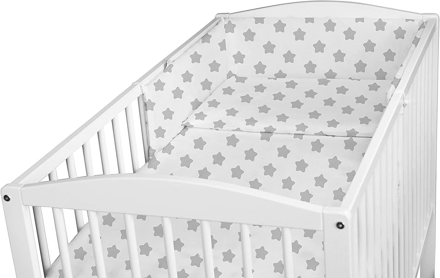 Baby 5Pc Bedding Set Pillow Duvet Bumper Fit Cotbed 140x70cm Big Grey Stars On White
