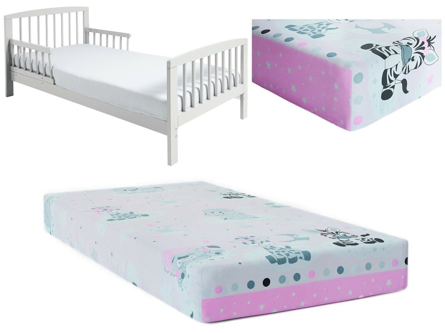 Baby Fitted Toddler Bed Sheet Printed 100% Cotton Mattress 160X80cm Sweet Animals Pink