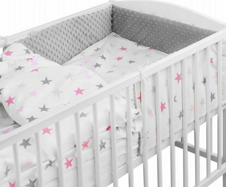 Baby 6Pc Bedding Set Pillow Duvet Bumper Fit Cot 120X60 Dimple Grey / Pink Grey Stars - MyHappy Baby