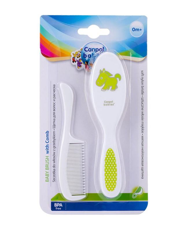 Hair Brush And Comb Canpol Grooming Set Soft Gentle 2 In 1 Green Pony