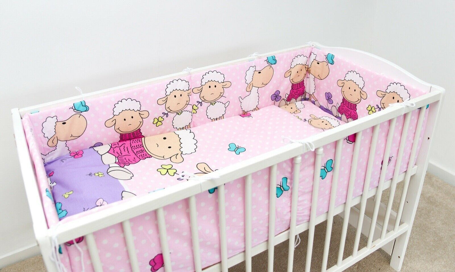Baby bedding set 5pc with bumper all-round fit cot bed 140x70 - Sheep pink