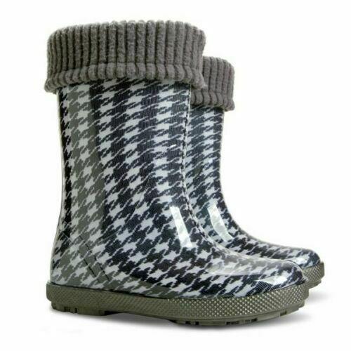 Wellies Kids Rain Snow Boots Removable Inner Lining Socks Wellington Checker