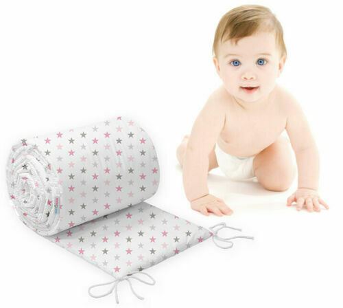 Baby 6Pc Bedding Set All-Round Bumper Fit Cotbed 140X70cm Grey Pink Stars