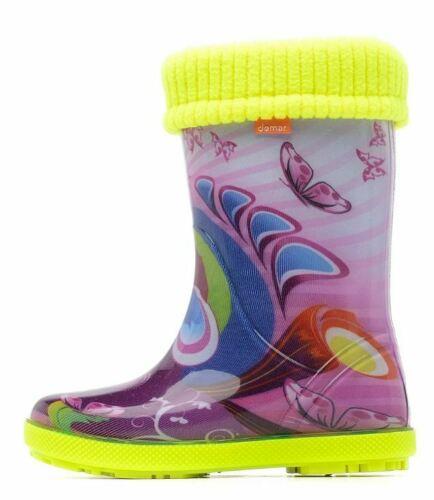Wellies Kids Rain Snow Boots Removable Inner Lining Socks Wellington Purple Butterfly