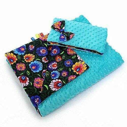 Warm Baby Blanket Dimple Cotton Quilt Pillow Double Sided 100X75cm Turquoise - Flowers On Black