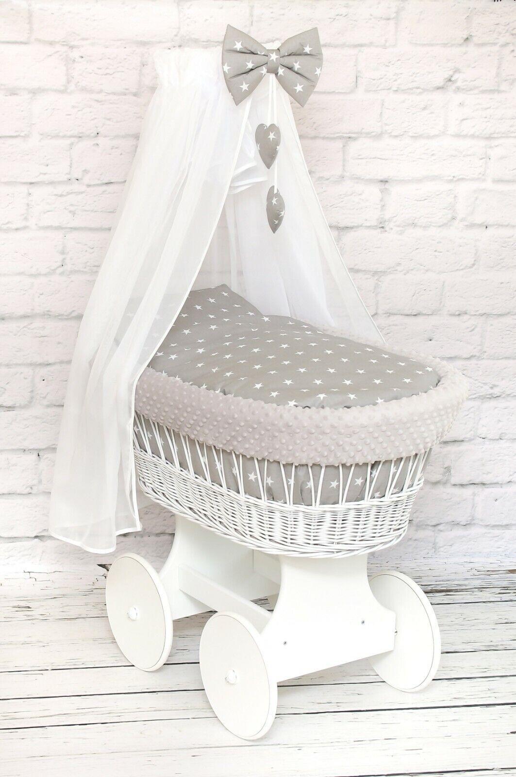 White Wicker Moses Basket with Wheels Baby+full Bedding Set Small stars on Grey dimple