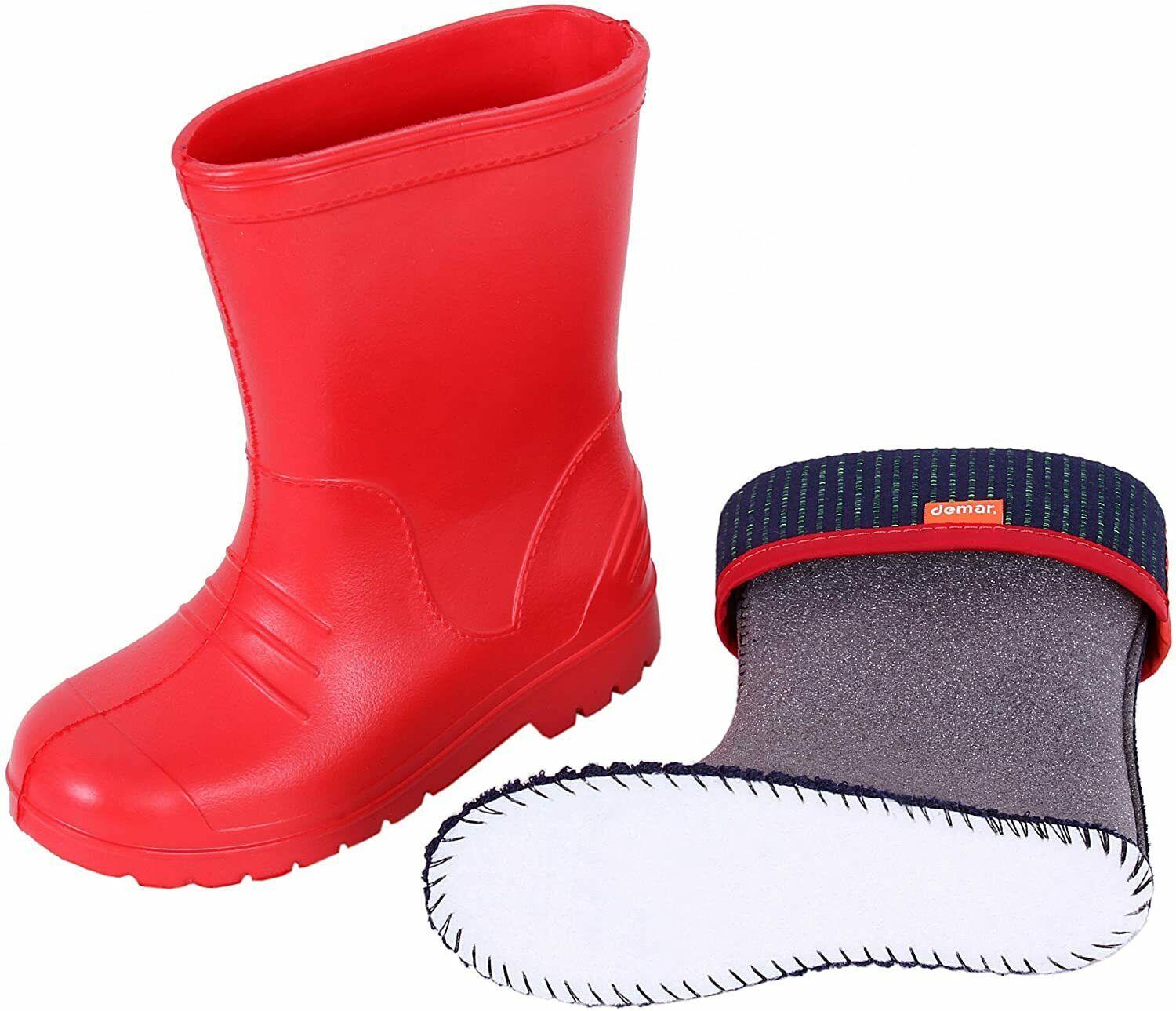 Wellies Kids Rain Snow Boots Removable Inner Lining Socks Wellington Demar Red