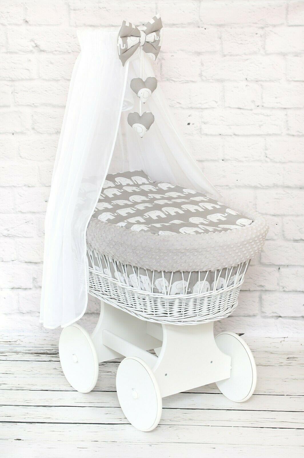 Full Bedding Set With Canopy To Fit Wicker Moses Basket Dimple Grey - Elephants Grey