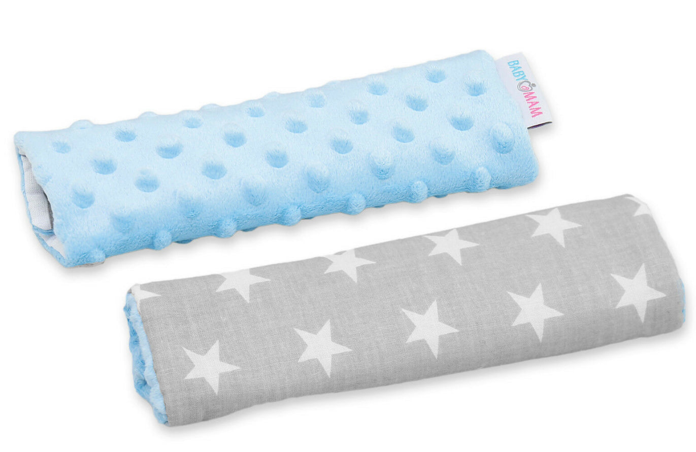 Dimple Belt Cover Car Seat Pram Pad Shoulder Soft Strap 2 Piece Blue/Small White Stars On Grey