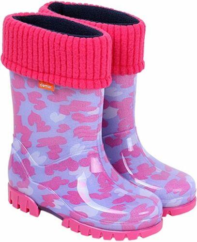 Wellies Kids Rain Snow Boots Removable Inner Lining Socks Wellington White & Pink Hearts