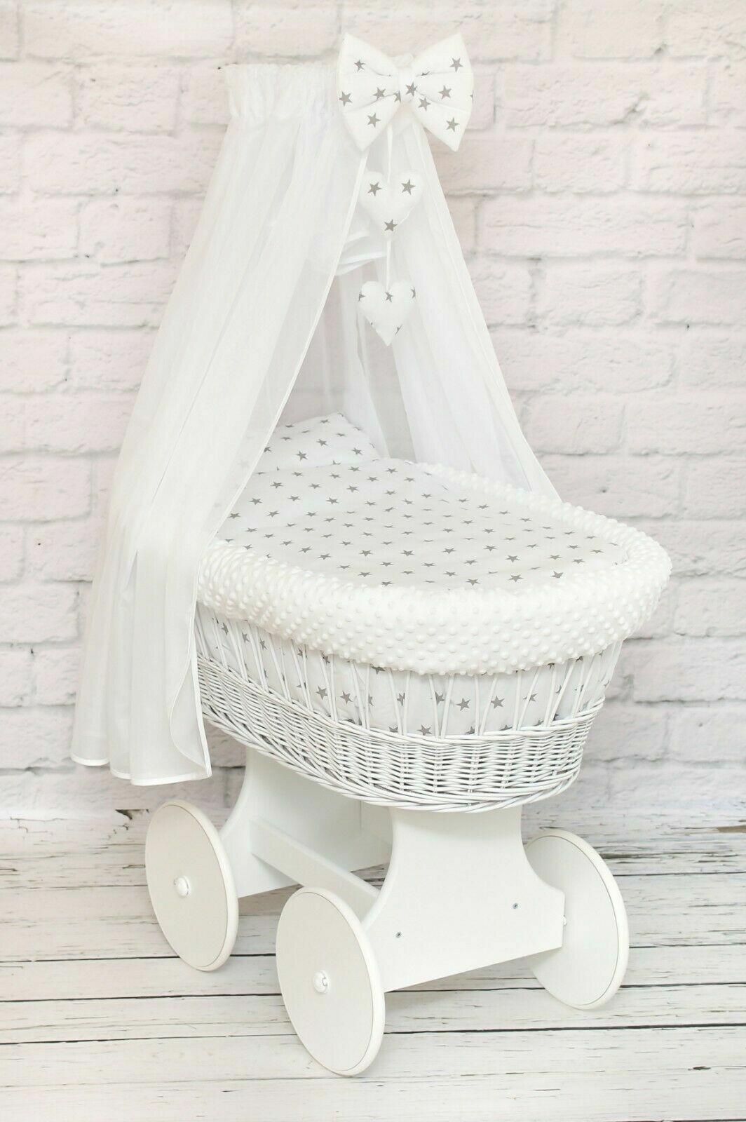 White Wicker Moses Basket with Wheels Baby+full Bedding Set Dimple White/ Small stars on White