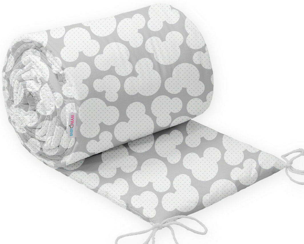 Padded Baby Bumper To Fit Cot 120x60 All Around 100% Cotton 360cm Mouse Grey