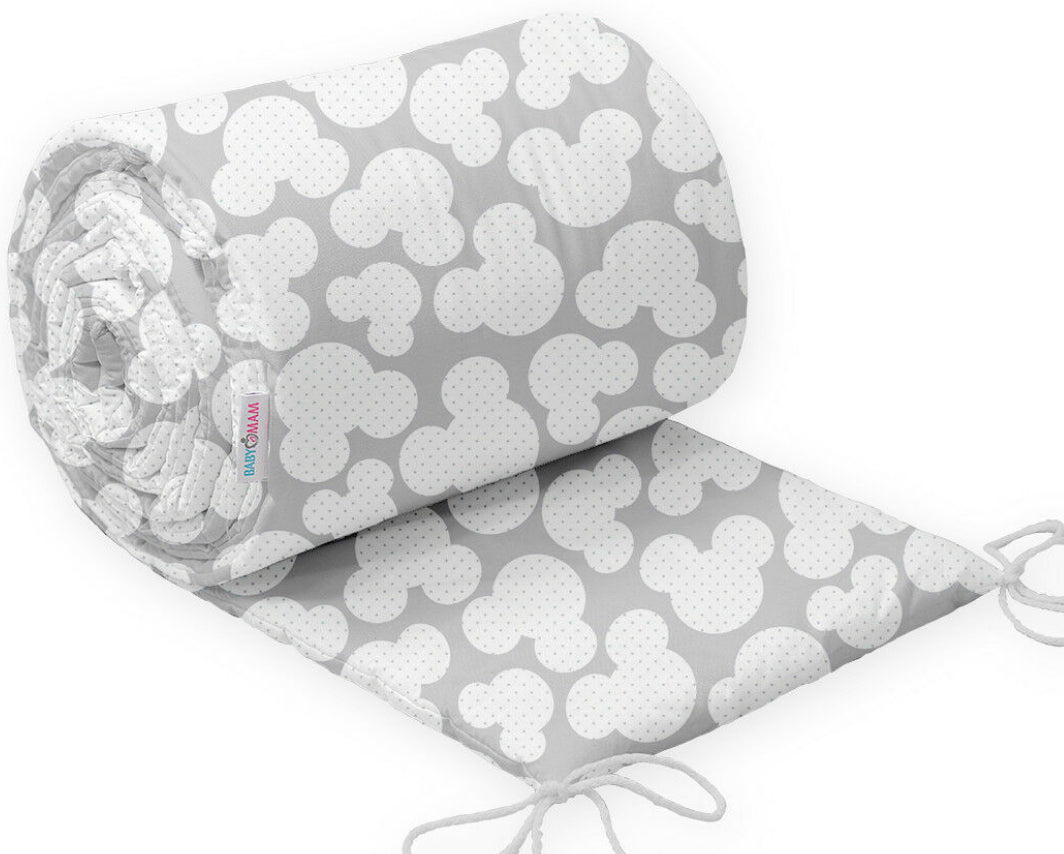 Padded baby bumper to fit cot 120x60 all around 100% cotton 360cm Mouse Grey