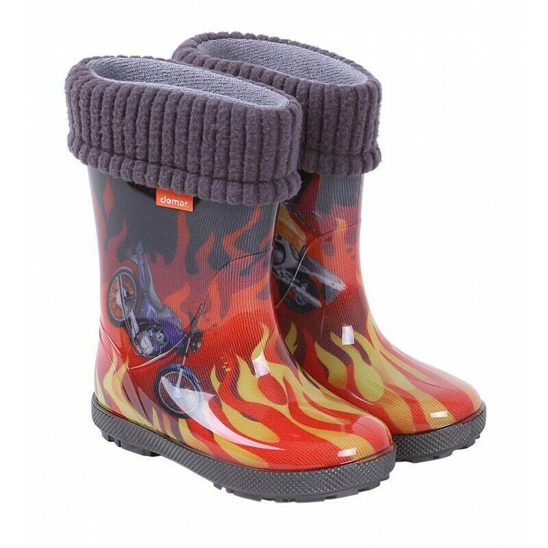 Wellies Kids Rain Snow Boots Removable Inner Lining Socks Wellington Flames