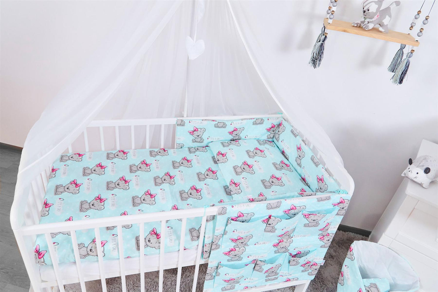 Baby 3Pc Bedding Set Pillow Duvet Bumper Fit Cotbed 140X70cm Teddy Girl Mint