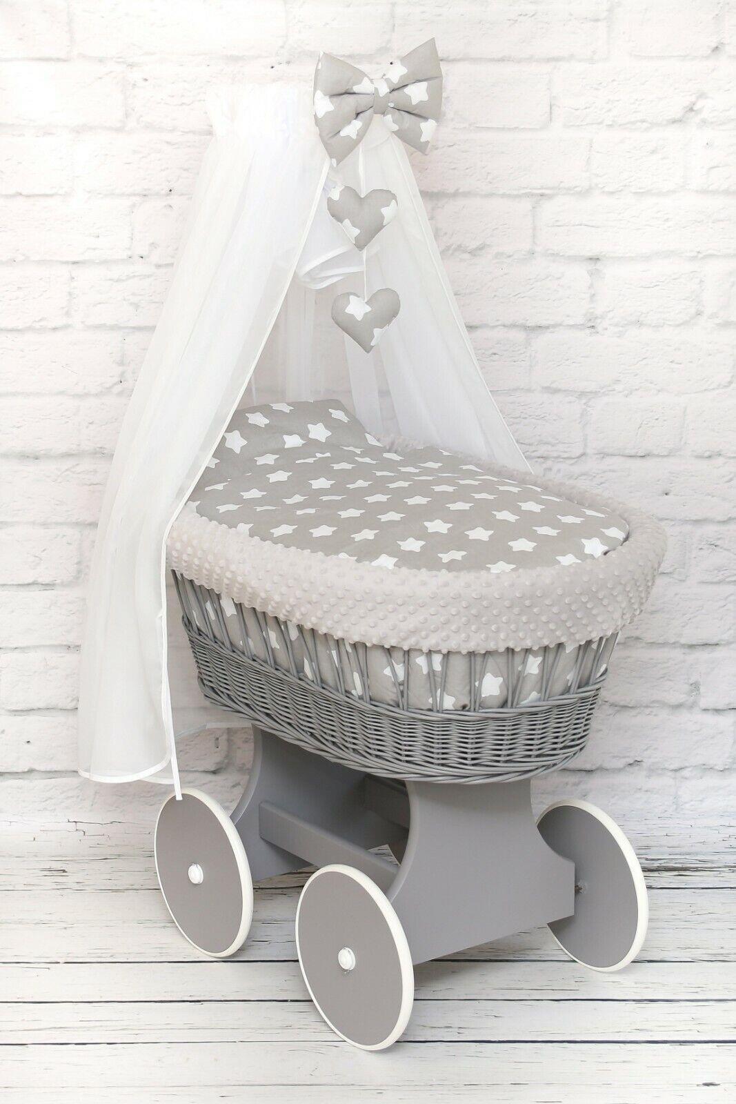 Moses Wicker Basket Full Set Bedding Set Canopy Grey/Big stars on Grey dimple